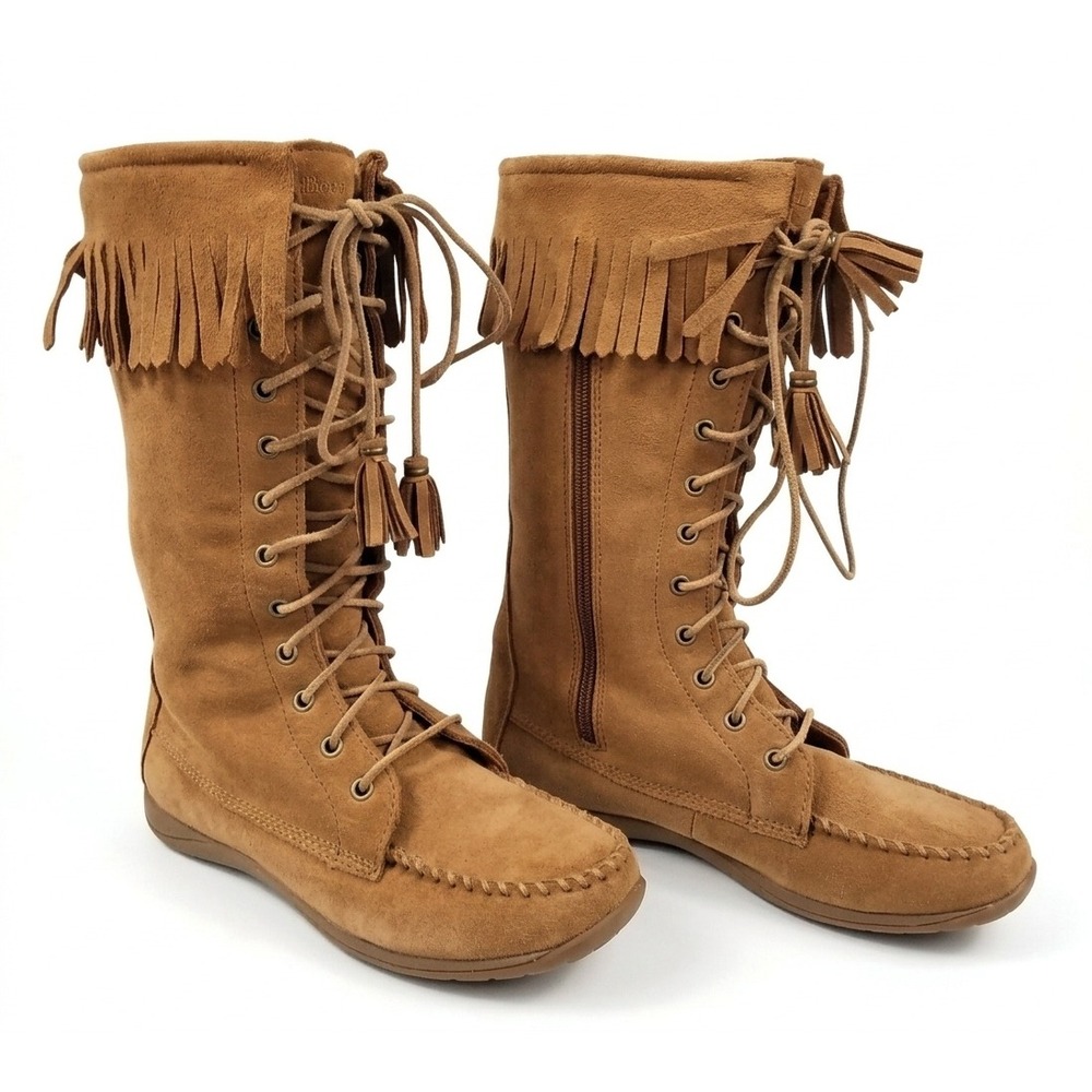 LL Bean Suede Fringe Moccasin Boots Lace Up Tassel 0HLQ304 Sz 8M Boho Festival